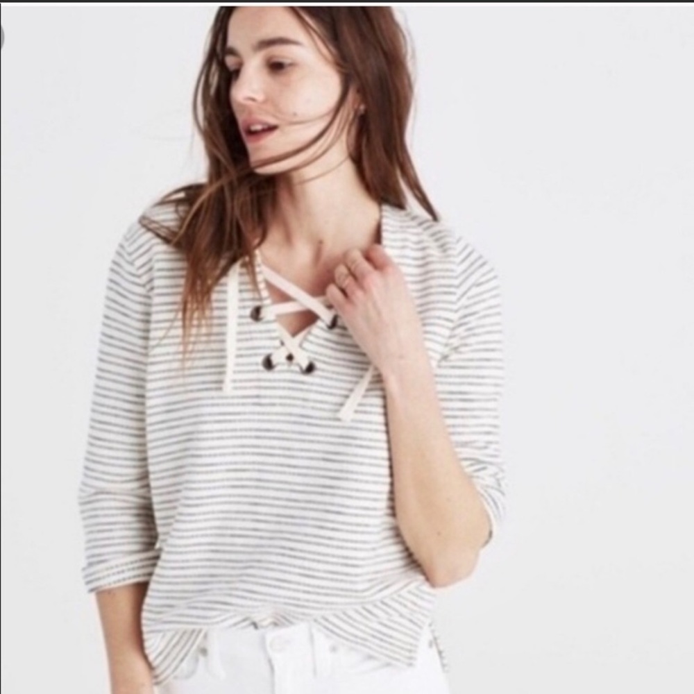 Madewell Lace Up Striped Navy and Cream Sweatshirt Top Size XXS Nautical